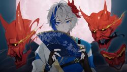 1boy absurdres belt black_belt black_gloves blue_eyes blue_hair blue_kimono closed_mouth clothing_cutout commentary crossed_bangs english_commentary eye_trail fingerless_gloves floating floating_mask floating_object folding_fan full_moon gloves hair_between_eyes hand_fan highres holding holding_fan indie_virtual_youtuber jacket japanese_clothes kimono kurage_kai light_trail long_sleeves looking_at_viewer male_focus mask mask_on_head mole mole_under_eye moon multicolored_hair night official_art oni_mask pluvio shoulder_belt single_off_shoulder single_sidelock smile solo straight-on streaked_hair unworn_mask upper_body virtual_youtuber white_hair white_jacket
