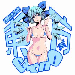Rule 34 | 1girl, bikini, blue bikini, blue eyes, blue hair, breasts, cirno, commentary request, highres, ice, ice wings, looking at viewer, navel, short hair, small breasts, solo, swimsuit, thigh gap, touhou, wings, yamada satoshi