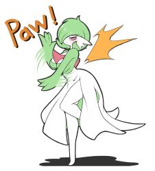 1girl blush bob_cut breasts dress gardevoir gen_3_pokemon green_hair hair_over_one_eye highres looking_at_viewer nintendo pokemon pokemon_(creature) simple_background smile tod_d white_background white_dress