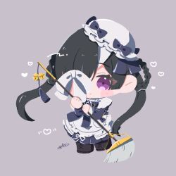 Rule 34 | 1girl, apron, bell, black boots, black hair, blue dress, blush stickers, boots, braid, braided hair rings, broom, chibi, chibi only, dress, eyepatch, fate/grand order, fate (series), frilled apron, frills, grey background, hair rings, hat, highres, holding, holding broom, jingle bell, long hair, maid, mob cap, mochizuki chiyome (fate), mochizuki chiyome (fgo fes. 2025) (fate), purple eyes, simple background, tassel, twintails, white apron, white hat, yue cang87