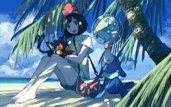 1girl bag bare_legs barefoot beach beanie bird blue_eyes blue_sky blunt_bangs cat closed_eyes cloud cloudy_sky collarbone colored_sclera creature creatures_(company) day floral_print game_freak gen_7_pokemon green_shorts handbag hat highres litten looking_to_the_side nintendo ocean open_mouth outdoors owl palm_tree pippi_(pixiv_1922055) pokemon pokemon_(creature) pokemon_sm popplio red_headwear round_teeth rowlet selene_(pokemon) shirt short_hair shorts sitting sky smile starter_pokemon_trio teeth tree water yellow_sclera yellow_shirt
