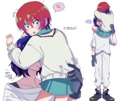 Rule 34 | ..., 1boy, 1girl, 7lucky ya, amate yuzuriha, aqua eyes, blue hair, blush, boots, collared shirt, gloves, gundam, gundam gquuuuuux, highres, korean text, necktie, open mouth, pants, red eyes, red hair, school uniform, shirt, short hair, shuji ito, simple background, sitting on shoulder, speech bubble, spoken ellipsis, sweater, translation request, white background