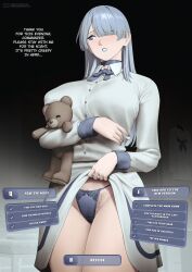 1girl ak-15_(girls&#039;_frontline) averting_eyes blush breasts choker clothes_lift collared_shirt cosplay creepy_mita_(miside) creepy_mita_(miside)_(cosplay) dialogue_box dress english_text female_pubic_hair gameplay_mechanics girls&#039;_frontline grey_hair hair_over_one_eye highres j_adsen large_breasts lifting_own_clothes long_hair long_sleeves looking_to_the_side miside mita_(miside) neck_ribbon panties pubic_hair pubic_hair_peek purple_choker purple_eyes purple_lips purple_panties purple_ribbon ribbon shirt skirt skirt_lift solo stuffed_animal stuffed_toy teddy_bear thighs underwear white_dress white_shirt white_skirt