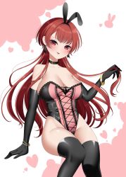 1girl alternate_costume animal_ear_hairband animal_ears bare_shoulders black_choker black_gloves black_leotard black_thighhighs breasts choker cleavage commentary_request elbow_gloves fake_animal_ears feet_out_of_frame gloves hairband highleg highleg_leotard highres kantai_collection large_breasts leotard long_hair looking_at_viewer multicolored_leotard nevada_(kancolle) pink_background pink_leotard playboy_bunny rabbit_ear_hairband rabbit_ears red_eyes red_hair solo strapless strapless_leotard thighhighs two-tone_background two-tone_leotard white_background wristband yomogi_dango