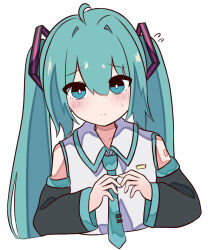 Rule 34 | 1girl, aqua eyes, aqua hair, blue eyes, blue hair, closed mouth, collared shirt, detached sleeves, hair ornament, hatsune miku, long hair, looking at viewer, necktie, nervous, rirurima25, shirt, simple background, solo, twintails, very long hair, vocaloid, white background
