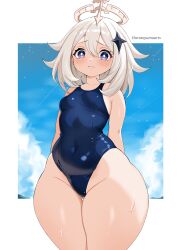 Rule 34 | 1girl, absurdres, alternate breast size, arms behind back, artist name, blue eyes, blue one-piece swimsuit, blush, breasts, closed mouth, embarrassed, genshin impact, groin, hair between eyes, halo, harutoyumaarts, highres, looking at viewer, medium breasts, medium hair, one-piece swimsuit, paimon (genshin impact), school swimsuit, solo, swimsuit, thick thighs, thighs, white hair, wide hips