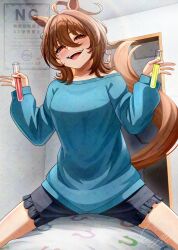 1girl agnes_tachyon_(umamusume) ahoge animal_ears black_shorts blue_shirt breasts brown_hair chemical_structure doorway earrings frilled_shorts frills hair_between_eyes highres holding holding_test_tube horse_ears horse_girl horse_tail huge_ahoge indoors jewelry large_breasts liquid long_sleeves medium_hair motsushi open_mouth red_eyes shirt shorts signature single_earring smile solo straddling tail test_tube umamusume watermark watermark_grid wolf_cut