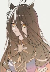 1girl animal_ears black_bow black_bowtie black_hair blue_shirt bow bowtie collared_shirt cross-laced_clothes cross-laced_top ear_tag earrings hair_between_eyes highres horse_ears horse_girl jewelry long_bangs long_hair long_hair_between_eyes looking_at_viewer manhattan_cafe_(umamusume) ninaki999 parted_lips puffy_short_sleeves puffy_sleeves shirt short_sleeves simple_background single_earring smile solo umamusume very_long_hair white_background yellow_eyes
