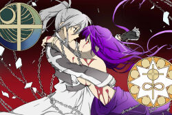 Rule 34 | 2girls, bad id, bad pixiv id, blood, blood on face, blood on hands, blush, bracelet, breasts, censored, chain, gloves, grey eyes, grey hair, holding, imminent kiss, jewelry, kanata, long hair, melty blood, mosaic censoring, multiple girls, ponytail, purple hair, red background, red eyes, riesbyfe stridberg, sideboob, sion eltnam (type-moon), sion eltnam atlasia, topless female, tsukihime, type-moon, yuri