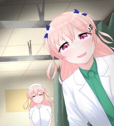 Rule 34 | 2girls, :3, bang dream!, blue bow, blush, bow, breasts, closed mouth, doctor, green shirt, hair bow, hair ornament, highres, hiromachi nanami, hospital, jacket, long hair, long sleeves, looking at viewer, meme, metal gear (series), metal gear solid v: the phantom pain, multiple girls, necktie, nfch 05054, nine years in a coma (meme), nurse, open clothes, open jacket, open mouth, pink eyes, pink hair, pov, shirt, twintails