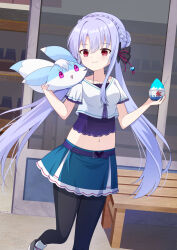 1girl absurdres animal animal_on_shoulder aqua_skirt black_bow black_pantyhose blue_hair blush bow braid breasts butterfly_ornament closed_mouth collarbone commentary_request crown_braid feet_out_of_frame food hair_between_eyes hair_bow hair_bun hair_ribbon happy highres holding holding_food inari_(summer_pockets) kk0220 long_hair looking_at_viewer medium_breasts midriff miniskirt navel outdoors pantyhose red_eyes red_ribbon ribbon shaved_ice shirt short_sleeves sidelocks single_hair_bun skirt smile solo sorakado_ao standing standing_on_one_leg straight_hair summer_pockets very_long_hair w_arms white_shirt