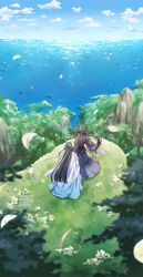 Rule 34 | 2boys, ahoge, black hair, black hanfu, blue sky, brown hair, chinese clothes, cloud, cloudy sky, dated, day, facing away, falling petals, floating hair, flower, from behind, full body, grass, hair ribbon, hanfu, headband, highres, horizon, kimako (kimako 8), lan wangji, long hair, long sleeves, male focus, modao zushi, multiple boys, ocean, outdoors, petals, plant, ponytail, red ribbon, ribbon, robe, rock, sash, scenery, sky, standing, topknot, tree, twitter username, very long hair, water, watermark, wei wuxian, white flower, white hanfu, white headband, wide sleeves, wind, yaoi