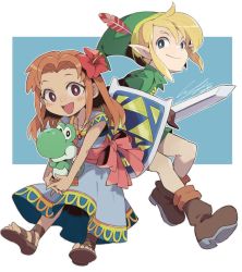 1boy 1girl blonde_hair blue_eyes boots bright_pupils brown_eyes brown_hair dress flower hair_flower hair_ornament hat hibiscus holding holding_shield holding_sword holding_weapon io_naomichi leggings link looking_at_viewer marin_(zelda) mario_(series) nintendo open_mouth pointy_ears sandals shield sidelocks smile super_mario_bros._1 sword the_legend_of_zelda the_legend_of_zelda:_link&#039;s_awakening toes tunic weapon white_pupils yoshi