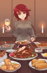 1girl :t bread candle commentary commission corn cup drinking_glass eba_rin english_commentary female_focus food food_request fork green_eyes grey_sweater head_tilt highres holding holding_cup holding_fork kimi_no_iru_machi knife long_sleeves looking_at_viewer mole mole_under_eye nail_polish plate red_hair red_nails ribbed_sweater rtil short_hair sitting smile solo sweater thanksgiving turtleneck turtleneck_sweater