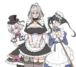 3girls alternate_costume apron azuki_(ne_4zk) black_dress black_hair black_hat black_skirt black_thighhighs blue_dress blush breasts broom cleavage dress enmaided facial_scar fate/grand_order fate_(series) green_eyes green_hair grey_eyes hair_between_eyes hat highres huyan_zhuo_(fate) huyan_zhuo_(fgo_fes._2025)_(fate) jack_the_ripper_(fate/apocrypha) large_breasts long_hair long_sleeves looking_at_viewer maid maid_headdress mob_cap mochizuki_chiyome_(fate) mochizuki_chiyome_(fgo_fes._2025)_(fate) multicolored_hair multiple_girls official_alternate_costume open_mouth puffy_short_sleeves puffy_sleeves purple_eyes scar scar_across_eye scar_on_cheek scar_on_face shirt short_hair short_sleeves skirt small_breasts smile streaked_hair thick_thighs thighhighs thighs top_hat tray twintails very_long_hair waist_apron white_apron white_hair white_hat white_shirt wrist_cuffs