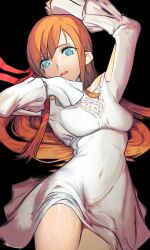 Rule 34 | 1girl, arms up, black background, blue eyes, breasts, covered navel, dress, dxsyotyu, eyebrows hidden by hair, feet out of frame, final fantasy, final fantasy xiv, hair between eyes, hair ribbon, highres, long hair, looking at viewer, lying, medium breasts, on back, orange hair, red ribbon, ribbon, ryne waters, shadow, solo, teeth, upper teeth only, very long hair, white dress