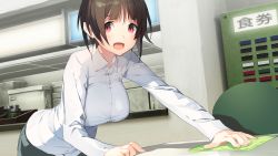1girl :d akinashi_yuu bent_over breasts brown_hair cowboy_shot dress_shirt female_focus game_cg highres indoors large_breasts looking_at_viewer mell_(ryuusei_world_actor) open_mouth red_eyes ryuusei_world_actor shirt short_hair smile solo wiping