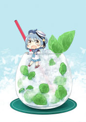 1girl blue_hair blue_sailor_collar blush chibi commentary_request cup dixie_cup_hat double_bun drink drinking_glass drinking_straw fang food hair_between_eyes hair_bun hat hinata_yuu ice ice_cube in_food kantai_collection leaf long_sleeves looking_at_viewer military_hat mini_person minigirl mint neckerchief open_mouth pleated_skirt sailor_collar samuel_b._roberts_(kancolle) school_uniform serafuku shirt short_hair skirt smile whale white_headwear white_shirt yellow_eyes