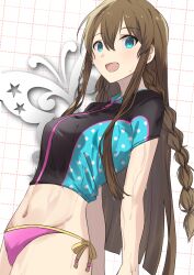 1girl :d absurdres bikini blue_eyes braid brown_hair commentary_request hair_between_eyes highres idolmaster idolmaster_million_live! kousaka_umi long_hair midriff nashiki_053 navel open_mouth pink_bikini short_sleeves side-tie_bikini_bottom skin_tight smile solo standing stomach sweatdrop swimsuit very_long_hair white_background zipper zipper_pull_tab