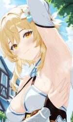 1girl absurdres arm_up armpits blonde_hair blue_sky blush breasts building choppy_bangs cleavage closed_mouth cloud commentary day detached_sleeves dress english_commentary fingernails flower from_below genshin_impact hair_flower hair_intakes hair_ornament hair_over_shoulder hand_on_own_chest highres large_breasts lewd_chan long_bangs long_sidelocks looking_at_viewer lumine_(genshin_impact) multicolored_flower orange_eyes outdoors presenting_armpit short_hair_with_long_locks sidelocks sky sleeveless sleeveless_dress smile solo standing steam steaming_body sunlight sweat tree upper_body white_dress white_sleeves