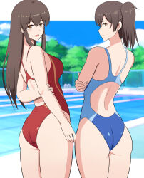 absurdres akagi_(kancolle) ass back blue_one-piece_swimsuit brown_eyes brown_hair competition_swimsuit day highres kaga_(kancolle) kantai_collection long_hair looking_back mayomaru1 multiple_girls one-piece_swimsuit outdoors pool red_one-piece_swimsuit side_ponytail swimsuit