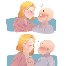 1boy 1girl android_18 bald bald_male black_eyes blonde_hair blush couple dragon_ball embarrassed excited happy husband_and_wife kiss kuririn muscular muscular_male smile