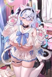 1girl absurdres animal_ears animal_hands bikini black_bra blue_bow blue_hair bow bra breasts cat_ears cat_girl cat_paws cat_tail collar commentary earrings frilled_thigh_strap gloves grin hair_ornament hairband heart heart-shaped_lock heart_o-ring highres huge_breasts jewelry leon_v mask o-ring o-ring_thigh_strap original paw_gloves sailor_collar see-through_clothes skirt smile swimsuit symbol-only_commentary tail thigh_strap thighhighs two_side_up underwear unworn_bra unworn_mask unworn_skirt white_bikini white_sailor_collar white_thighhighs