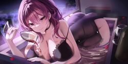 Rule 34 | 1girl, absurdres, alcohol, alternate costume, ass, bathtub, bent over, cup, drinking glass, highres, honkai: star rail, honkai (series), kafka (honkai: star rail), purple eyes, purple hair, red wine, silverrain 72, smile, solo, spilling, water, wine, wine glass