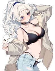1girl arched_back bare_shoulders black_bra black_panties blue_eyes blush bra breasts brown_jacket cleavage commentary curvy denim glasses highres holding holding_removed_eyewear jacket jeans large_breasts long_hair long_sleeves looking_at_viewer meg_(wakamepiza) mole mole_on_arm navel off_shoulder open_clothes open_fly open_jacket open_pants original panties pants ponytail semi-rimless_eyewear short_bangs short_eyebrows simple_background solo thick_eyebrows underwear unworn_eyewear wakamepiza white_background white_hair yellow-framed_eyewear