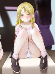 2girls ankle_boots bag black_hair blonde_hair blush boots cameltoe closed_mouth commentary female_focus from_behind hair_ornament hairclip handbag hidaka_koharu high_heel_boots high_heels high_score_girl kozue_akari long_hair looking_at_viewer multiple_girls oono_akira panties pantyshot partially_visible_vulva sitting socks underwear wedge_heels white_panties yellow_eyes