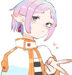 1girl alternate_hairstyle blue_eyes blush capelet closed_mouth earrings elf eyelashes frieren gan2 gold_trim heart highres jewelry looking_at_viewer pointy_ears purple_hair short_eyebrows short_hair simple_background solo sousou_no_frieren thick_eyebrows upper_body v white_background white_capelet