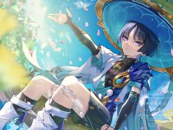 Rule 34 | 1boy, anemo symbol (genshin impact), aqua gemstone, aqua kimono, aqua sleeves, arm at side, arm support, armor, belt, black belt, black bodysuit, black bow, black bridal gauntlets, black leggings, black shorts, blue cape, blue hat, blue pupils, blue sky, bodysuit, bow, bridal gauntlets, bush, cape, cloud, cloudy sky, colored inner hair, covered collarbone, dutch angle, eyeliner, eyeshadow, falling petals, feathers, gem, genshin impact, gold, gold ring, hakama, hakama shorts, hat, highres, japanese armor, japanese clothes, jingasa, juban, kimono, kote, kurokote, layered sleeves, leg warmers, leggings, looking at viewer, makeup, male focus, mandarin collar, middle ring, multicolored hair, open clothes, open hand, open kimono, open mouth, outdoors, outstretched arm, parted bangs, petals, pink petals, pleated shorts, pom pom (clothes), purple eyes, purple hair, purple rope, purple sash, red eyeliner, red eyeshadow, rope, sash, scaramouche (genshin impact), short sleeves, shorts, shoulder peek, sitting, sitting on branch, sky, snow20200, solo, tassel, twitter username, vision (genshin impact), wanderer (genshin impact), water, watermark, white kimono, white leg warmers, white mouth, white sleeves, white trim, yellow feathers