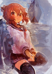 1girl absurdres black_sailor_collar black_skirt black_thighhighs breasts brown_hair closed_mouth commentary day folded_ponytail highres inazuma_(kancolle) kaamin_(mariarose753) kantai_collection kneeling long_sleeves looking_at_viewer neckerchief outdoors pleated_skirt red_neckerchief rigging sailor_collar school_uniform serafuku ship skirt sky solo thighhighs water watercraft