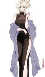 Rule 34 | 1girl, abe (nikke), alternate costume, black dress, black gown, blonde hair, blue eyes, breasts, cleavage, covered navel, dress, evening gown, goddess of victory: nikke, gown, highres, see-through cleavage, see-through clothes, simple background, solo, twitter username, white background, yeux a