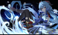 1girl absurdres ahoge backless_outfit bare_shoulders bell black_pantyhose blue_gloves blue_hair detached_sleeves floating from_side full_body ganyu_(genshin_impact) geez genshin_impact gloves gold_trim high_heels highres horns jewelry long_hair looking_at_viewer magic neck_bell pantyhose purple_eyes sidelocks smile snowflakes solo tassel teeth thighlet thighs white_sleeves wind