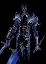 1other absurdres armor black_background cowboy_shot dual_wielding elden_ring elden_ring_nightreign extra_arms full_armor gauntlets glowing glowing_sword glowing_weapon great_rune_(elden_ring) greatsword helmet heolstor_the_nightlord highres holding holding_sword holding_weapon shl_shalopai shoulder_armor solo sword triple_wielding weapon