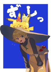 1girl :d blonde_hair blue_background border brown_hat flying_sweatdrops gen_1_pokemon gen_2_pokemon hat looking_at_viewer lower_teeth_only marutoko45 nintendo on_head open_mouth pichu pikachu pokemon pokemon_(creature) pokemon_adventures pokemon_on_head shirt short_hair smile sun_hat teeth tongue tunic twitter_username watermark white_border yellow_(pokemon)