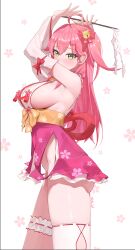 1girl absurdres animal_print arm_bow arms_up bell blush bow breasts cat_print cherry_blossom_print covered_mouth detached_sleeves floral_background floral_print from_side gohei green_eyes hair_bell hair_between_eyes hair_bow hair_ornament hairclip hakama hakama_short_skirt hakama_skirt highres holding holding_gohei hololive japanese_clothes jingle_bell large_breasts long_hair looking_at_viewer miko nontraditional_miko one_side_up pink_bow pink_hair pink_skirt sakura_miko sakura_miko_(1st_costume) sash shirt sideboob signature single_thighhigh skirt sleeveless sleeveless_shirt solo tassel thigh_strap thighhighs thighs virtual_youtuber white_background white_shirt white_sleeves white_thighhighs wide_sleeves yellow_sash zetacat