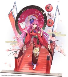 absurdres black_flower black_sash bridge cherry_blossoms floral_print flower hair_flower hair_ornament halo highres holding holding_umbrella japanese_clothes kannagi_rei kimono official_art oil-paper_umbrella omikuji print_kimono purple_flower red_kimono sash tabi twinkle_star_knights umbrella venus_(twinkle_star_knights)
