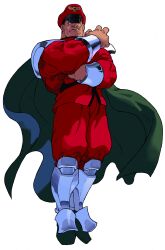 Rule 34 | 1boy, absurdres, armor, bengus, cape, floating, floating cape, from below, game cg, greaves, hat, highres, light frown, m. bison, male focus, marvel vs. capcom, muscular, muscular male, no pupils, non-web source, official art, peaked cap, scan, shoulder pads, simple background, solo, street fighter, teeth, x-men vs. street fighter