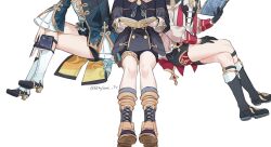 3boys bare_legs black_boots black_gloves black_shorts book boots crossed_legs dahlia_(genshin_impact) ethylene_ty freminet_(genshin_impact) frilled_sleeves frills genshin_impact gloves head_out_of_frame highres holding holding_book invisible_chair leg_focus long_sleeves male_focus multiple_boys shorts simple_background sitting twitter_username white_background white_boots xingqiu_(genshin_impact)