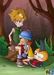 ass brown_gloves digimon digimon_(creature) digimon_adventure gloves ishida_yamato loli oral orange_hair shota takenouchi_sora