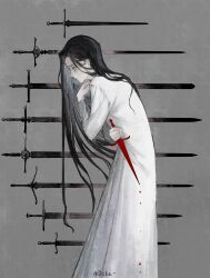 1girl absurdres black_hair blood bloody_knife carriann000 closed_mouth dress highres knife long_hair long_sleeves original pale_skin signature solo sword weapon weapon_request white_dress