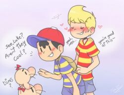 ass_on_crotch bad_tag bent_over black_hair blonde_hair blush child doseisan excited hat lovemysockhead12 lucas_(mother_3) mother_(series) mother_2 mother_3 ness_(mother_2) nintendo red_hat shirt shorts shota striped_clothes striped_shirt super_smash_bros. yaoi