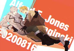 Rule 34 | 2boys, ahoge, america (hetalia), axis powers hetalia, black boots, black gloves, black shoes, blonde hair, blue background, blue eyes, boots, brown coat, brown jacket, character name, clothes grab, coat, collared shirt, commentary request, daepeh, full body, fur-trimmed jacket, fur trim, glasses, gloves, green necktie, green pants, grey hair, grey socks, highres, jacket, lapels, long sleeves, looking at viewer, looking back, lying, male focus, military jacket, military uniform, multiple boys, necktie, on back, open clothes, open coat, open jacket, open mouth, pants, purple eyes, red-framed eyewear, red background, russia (hetalia), scarf, semi-rimless eyewear, shirt, shoes, short hair, single glove, smile, socks, teeth, two-tone background, white scarf, white shirt, yaoi, yellow jacket, yellow pants