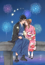 1boy 1girl aerial_fireworks aerith_gainsborough black_hair blue_eyes blue_kimono blush brown_hair commentary couple crisis_core_final_fantasy_vii crylin6 drill_hair drill_sidelocks english_commentary festival final_fantasy final_fantasy_vii final_fantasy_vii_remake fireworks floral_print floral_print_kimono flower green_eyes hair_flower hair_ornament hand_on_another&#039;s_arm heart highres holding holding_fireworks japanese_clothes kimono leaning_on_person long_hair looking_at_another night night_sky outdoors parted_bangs pink_kimono print_kimono sandals sash sidelocks sitting sky smile sparkler spiked_hair star_(sky) starry_sky water zack_fair