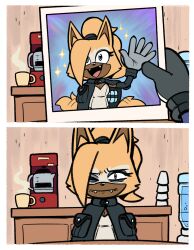 1boy 1girl alotaart animal_ears coat coffee_maker coffee_mug cup eyeshadow fangs furry furry_female grey_coat grey_eyeshadow highres looking_at_viewer makeup mimic_the_octopus mug parody photo_(object) sonic_(series) sonic_the_hedgehog_(idw) sparkle spongebob_squarepants_(series) water_cooler whisper_the_wolf wolf_ears
