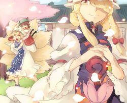 Rule 34 | 3girls, :d, animal ears, armband, blonde hair, blue sky, blue tabard, bow, brown hair, building, carrying, cat ears, cat girl, cat tail, chen, cherry blossoms, closed eyes, closed umbrella, commentary request, dress, earrings, fang, fox girl, fox tail, gold earrings, grass, hat, heasil, highres, holding, holding umbrella, jewelry, light smile, long hair, long sleeves, mob cap, multiple girls, multiple tails, ofuda, ofuda on clothes, open mouth, purple tabard, red armband, red bow, red dress, short hair, shoulder carry, sidelocks, sky, smile, split mouth, tabard, tail, teeth, touhou, tree, two tails, umbrella, upper teeth only, veranda, white dress, white hat, yakumo ran, yakumo yukari, yellow eyes