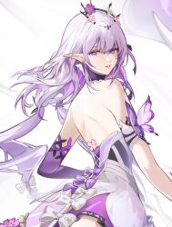 1girl back bare_shoulders bow butterfly_ornament castorice_(honkai:_star_rail) choker commentary detached_sleeves dress flower hair_between_eyes hair_bow hair_flower hair_ornament highres honkai:_star_rail honkai_(series) long_hair looking_back nevercrymoon open_mouth parted_lips pink_eyes pink_hair pink_lips pointy_ears purple_bow purple_choker purple_flower purple_sleeves shoulder_blades single_detached_sleeve solo very_long_hair white_background white_bow white_dress