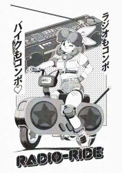 1girl bandaid bandaid_on_leg bandaid_on_thigh belt bike_shorts bike_shorts_under_shorts boots bow bow_hairband closed_mouth commentary cropped_jacket crossed_bandaids earrings fingerless_gloves flower_earrings full_body gloves greyscale hair_over_shoulder hairband hand_on_own_hip highres jacket jewelry knee_pads looking_at_viewer mario_(series) mario_kart mario_kart_world medium_hair mixed-language_text monochrome motor_vehicle motorcycle nintendo on_motorcycle one_eye_closed princess_daisy princess_daisy_(touring) puffy_short_sleeves puffy_sleeves radio radio_antenna ribbed_socks shimadai587779 shirt short_shorts short_sleeves shorts smile socks solo star_(symbol) translated tune_thumper zipper